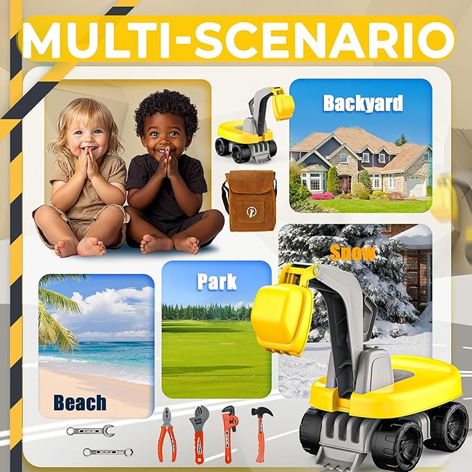 BELLOCHIDDO Ride-On Excavator Toy with Safety Helmet & Tool Kit - Toddler Beach Toy Sand Play Set Kids Excavator, Pretend Construction Set with Tools, Outdoor Learning Toys for Boys Girls