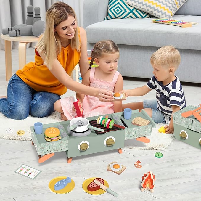 Wooden Kids Grill Playset, Barbecue Kitchen Toy Set for Kid Cooking, BBQ Grill Play Set with Sound Simulation Outdoor Camping Cooking Toys Birthday Gift for Boys Girls
