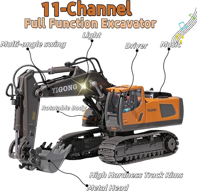 RC Excavator with Lights and Sound, 11-Channel Remote Control Heavy Equipment Toy Construction Vehicles Toys for Adults Kids Boys Ages Year 3 4 5 6 7 8 9 10 11 12 13+