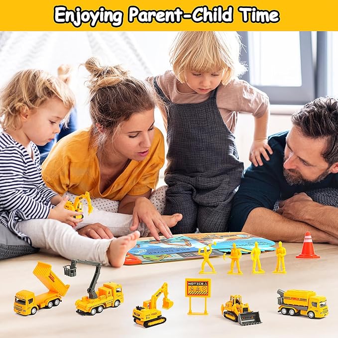 Construction Toys with Sound Books - Dig It! Dump It! Build It! Construction Board Book with 10 Buttons & 20 PCS Toys for 3+ Year Old, Great for Little Alloy Truck Lovers Kids