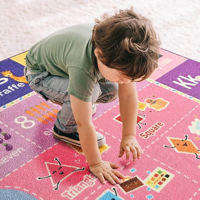 ABC Kids Rug for Playroom, 4x6 Pink Purple Washable Classroom Area Rugs, Toddler Educational Play Mat with Alphabet Numbers Seasons Shapes, Learning Fun for Preschool Children