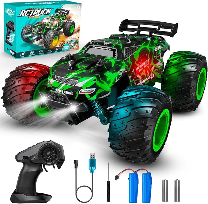 Remote Control Car, 1:18, All-Terrain Remote Control Truck with Headlight and Bodylight, 2WD, 20KM/H, PVC Shell, 2.4GHz, Rechargeable, Sturdy, Two Speed Control, Rc Cars for Kids, Green