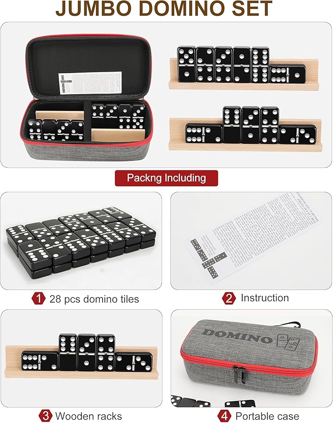 KAILE Double 6 Jumbo Dominoes 28 Tiles Classic Board Games for Kids and Adults with 4 Racks and Bag (Black)