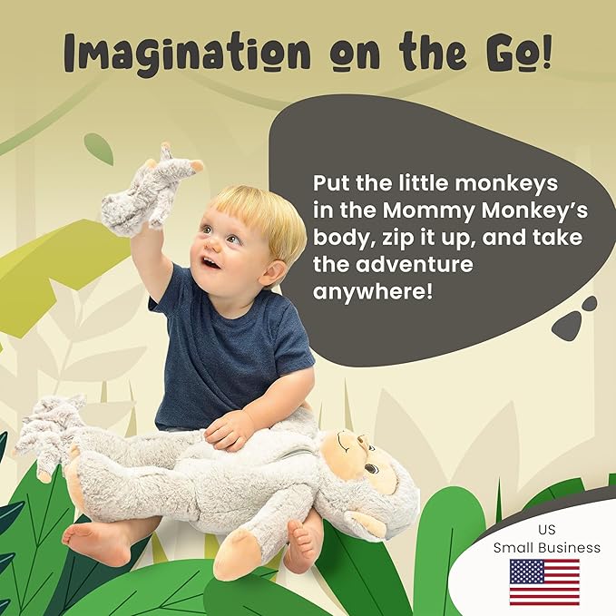 DreamsBe Monkey Stuffed Animal with 3 Baby Monkeys for Boys & Girls - Plush Stuffie with Zippered Pocket for Babies - Monkey Gift for Kids Ages 3 4 5 6 7 8 9 Years