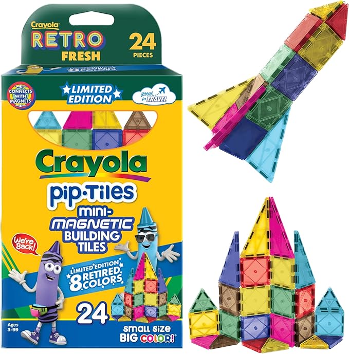 CreateOn Crayola Retro PIP Magnetic Tiles, Mini Building Set for Kids, Magnetic Tiles, Kids’ Building Toys, STEM & Montessori Toys for Boys and Girls Ages 3+, 24-Piece Set (Retro)