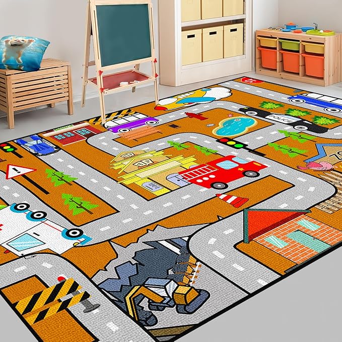 Car Rug Play Mat - Kids Play Rug for Playroom, Traffic City Life Road Rugs for Toys and Car Mat Educational Game Carpet Toddler 4.5x6 Feet