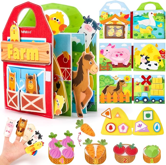 hahaland Busy Board for 1 Year Old - Farm Animals Quiet Busy Book for Toddlers 1-3 - Montessori Toys for 1 Year Old Boy Girl Gifts - Educational Activity Books Felt Learning Board Airplane Travel Toys