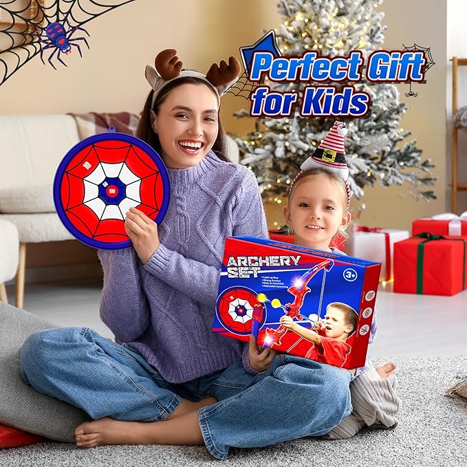 Outdoor Toys for Ages 3-5 Boys, Spider Bow and Arrow for Kids 3-7 Archery Set with LED Lights Target Toys for Boys 3 4 5 6 Bow Arrow Shooting Outdoor Games for Kids Ages 5-8 Girls Gifts