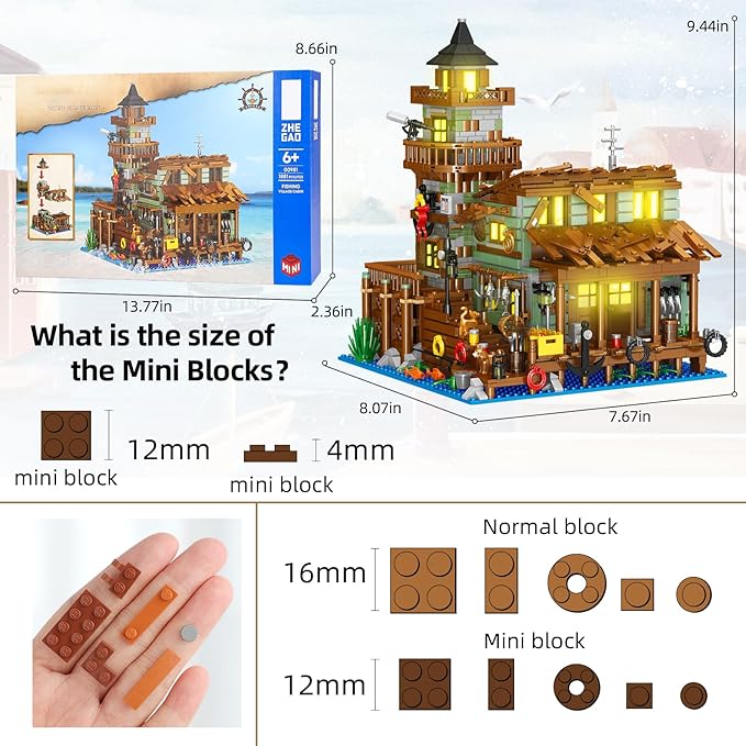 Fishing Village Store House Building Set with LED Light, 1881 PCS Wood Cabin Mini Building Block, STEM Architecture Toys Kit, Birthday Gift for Adults Ages 8-12+ Years（Not Compatible with Set ）