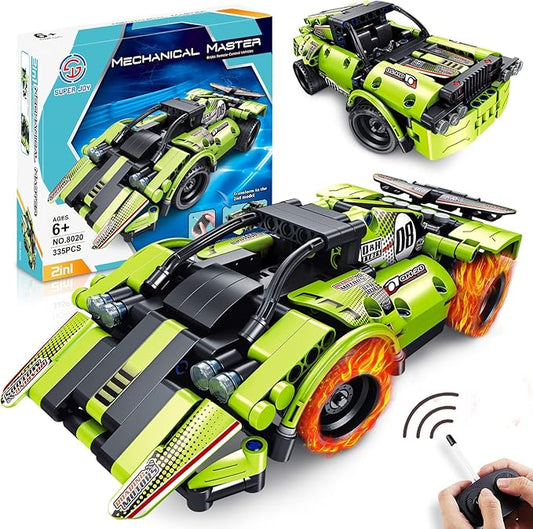 STEM Building Toys for Kids, 335 Piece Building Kit 2 in 1 Remote Control Racing Car Snap Together Engineering Kits Early Learning Racecar Building Blocks Best Gift for 6＋Year Old Boys and Girls