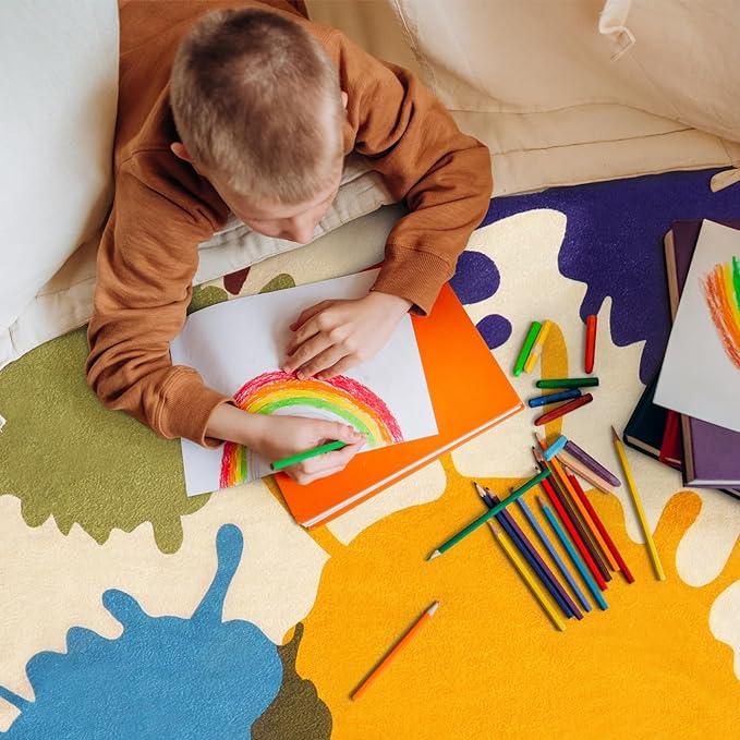 STARUIA Colorful Kids Room Rug, 3'x5' Machine Washable Rug for Playroom, Paint Splatter Rainbow Area Rugs for Classroom, Soft Aesthetic Nursery Rug Throw Kids Play Mat for Bedroom Office Preschool