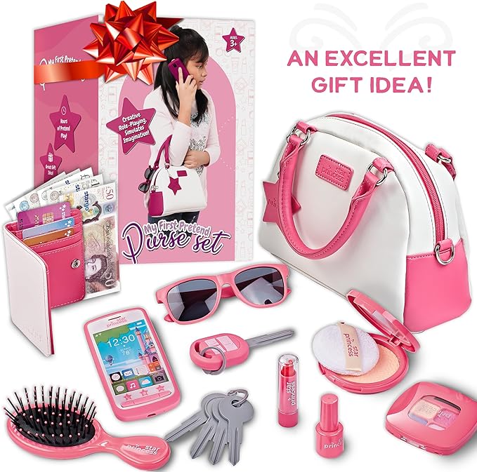 Play Purse for Little Girls and Toddlers - Girls Toys Pretend Play Accessories: Toy Phone, Wallet, Credit Cards, Keys, Pretend Makeup for Role Playing Toys for Girls Ages 3 4 5 6 7 8 Years and Up