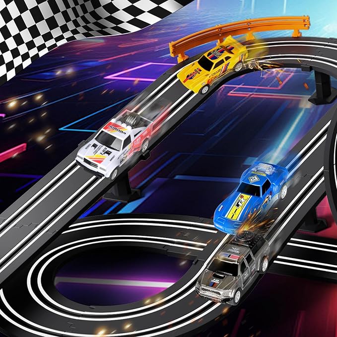 Slot Car Race Track Set Electric or Battery Powered Racing Car Track for Kids Boys, with 4 High-Speed Cars and 2 Hand Controllers,Dual Racing Game Toys for Children Age 6 7 8 Years Old