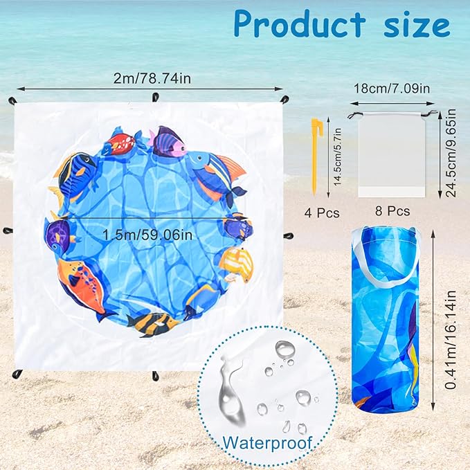 6.5 X 6.5 Ft Baby Beach Pool, 2 in 1 Portable Kids Beach Play Pool Puddle Toddler Beach Blanket and Kiddie Pools Blue Cartoon Childs Sand Pit Paddling Pools with Water Bag for Boy Girl Outdoor Camping