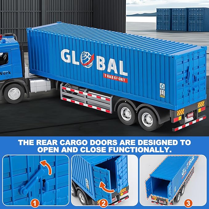 Semi Truck Toy with Metal Cab, Large Tractor Trailer Truck with Lights and Sounds, Friction Powered Cargo Transporter for Kids, Birthday Gift for Toddlers Boys 16.5"