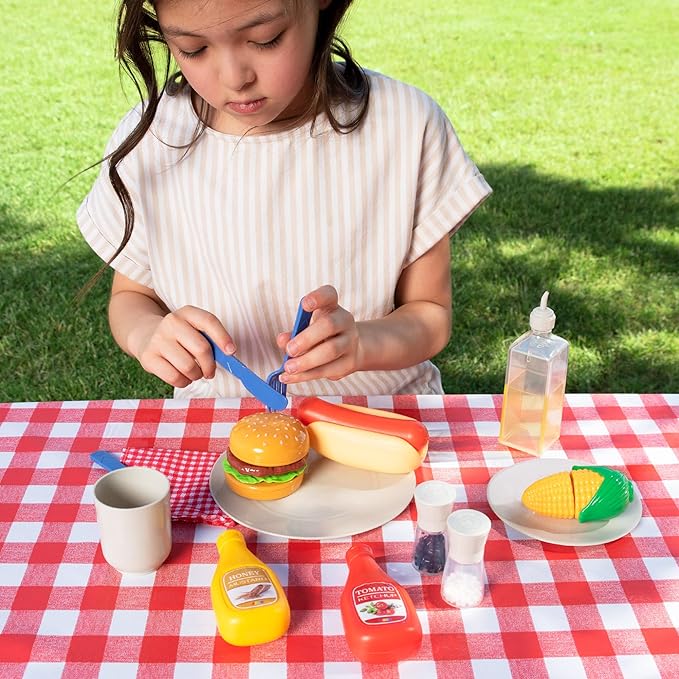 27 PCS Kids BBQ Grill Playset Backyard Barbecue Play Grill Toy Set for Toddlers, Play Food Sets for Kids Kitchen