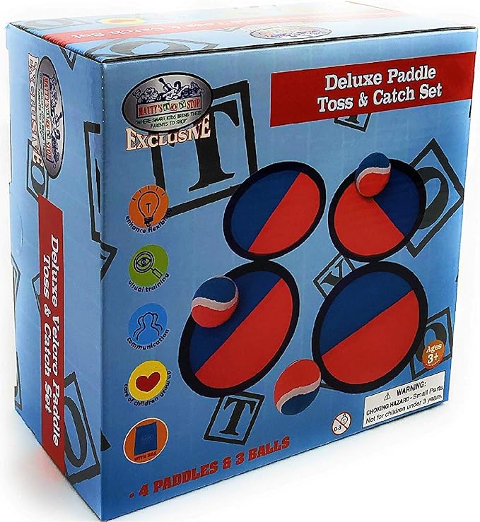 Matty's Toy Stop Deluxe Toss & Catch (Hook & Loop) Tropical Colors Paddle Game Set with 4 Paddles, 3 Balls & Storage Bag - Classic Outdoor Game, Perfect for The Beach, Backyard or in The House!