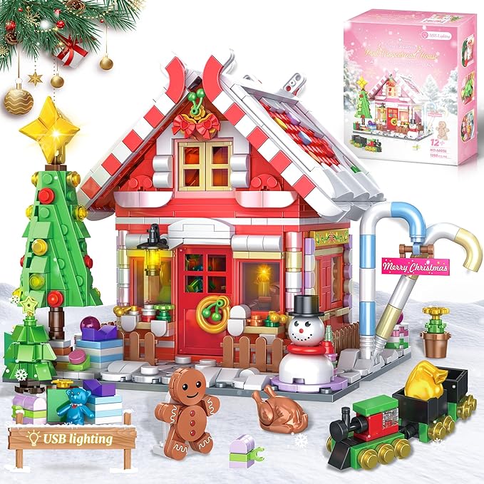 Gingerbread House Building Blocks for Girls Age 8-12 with LED Lights, Dark Pink Christmas Village House Blocks Set with Christmas Tree and Train, 1288 Pcs