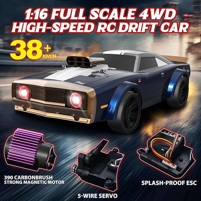 RC Drift Car 1/16 Scale 38KM/H Fast 4WD RC Car 2.4Ghz with 6 Modes of Light 2Pcs Rechargeable Batteries Racing for Boys and Adults Gift
