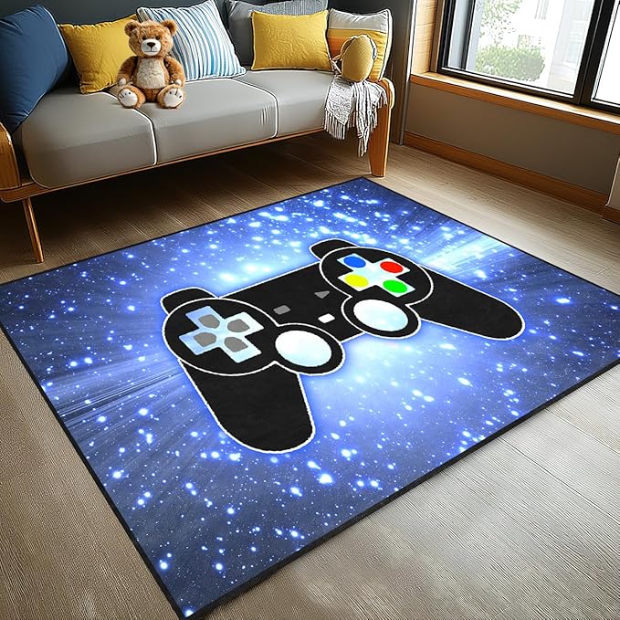 Game Video Gamepad Rugs, Boys Gamer Theme Carpets, Modern Gaming Space Blue Starry Sky Printed Large Carpets for Bedroom Living Room Mat Gaming Room Home Decor Mat