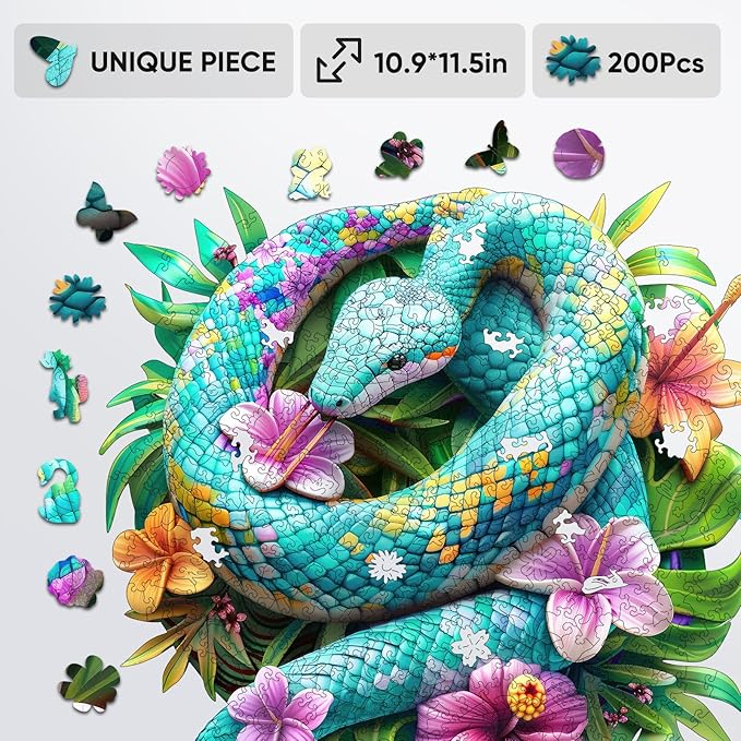 Snakes Wooden Puzzle for Adults, Animals Jigsaw Puzzles 200 Piece, Unique Shapes Family Reunion Puzzle for Adults and Kids, Beautiful Package, Best Gift for Family Friends Medium 11.4x11.4in