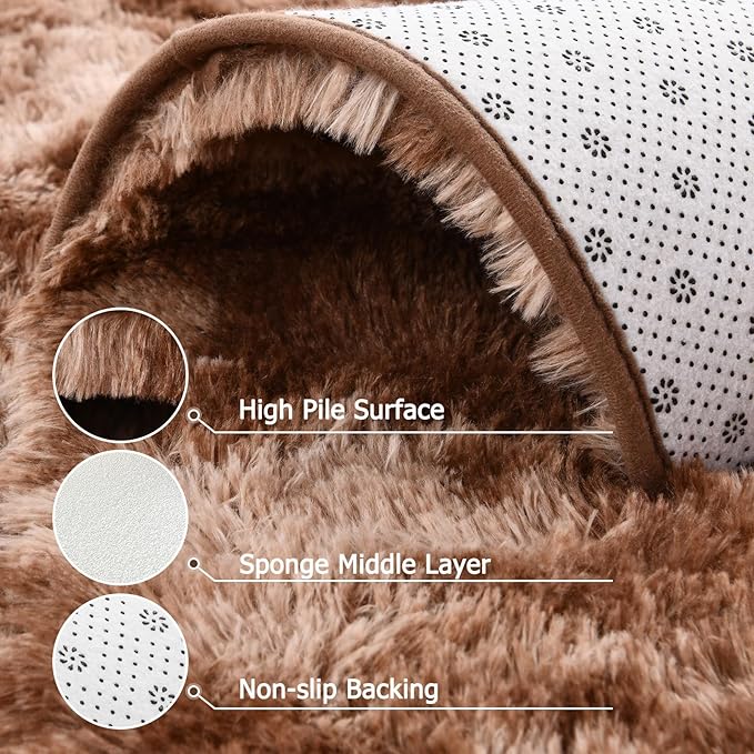 Vocrite Fluffy Area Rugs for Living Room, 5x8 Ft Large Shag Bedroom Rug, Shaggy Plush Anti-Skid Carpets, Fuzzy Furry Soft Faux Fur Rugs, High Pile Rug for Dorm Kids Room, Tie Dye Brown