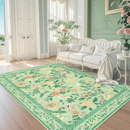 Floral Washable 5x7 Area Rug, Soft Non-Slip Green Rugs for Girls Bedroom Low Pile Flower Birds Living Room Rug, Non-Shedding Botanical Indoor Carpet for Nursery Playroom Dining Room