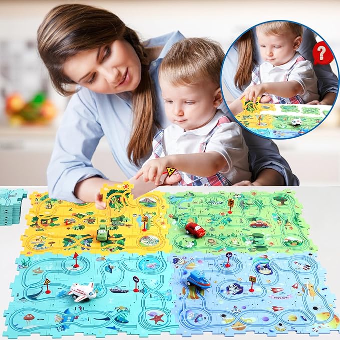 Puzzle Racer Kids Car Track Set Puzzle Racer Car Track Set with Roadmap Puzzle Track Car Play Set Toy for Kids 3-8 Years Old(100Pcs, 4 Stytle)