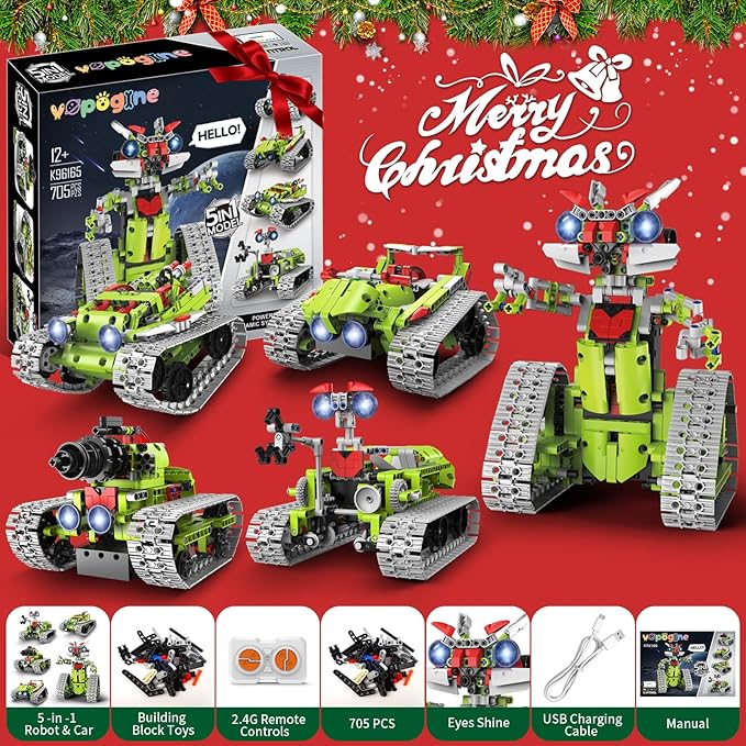 5 in 1 STEM Robot Building Kit, APP & Remote Control Robotics Building Toys, 705 Pcs DIY Building Robot/RC Car/Tank with Light, Building Toy Gifts for Boys Girls Kids 8-16 Science Learning