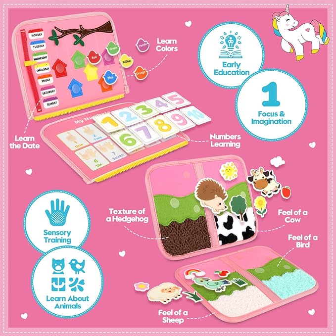 Toddler Sensory Busy Board: Travel Toy Activity Book for Girls Boys, Motor Skill Development Gift for Baby Aged 3-4 Years, Fine Educational Preschool Montessori Learning Toy for Car Airplane Unicorn