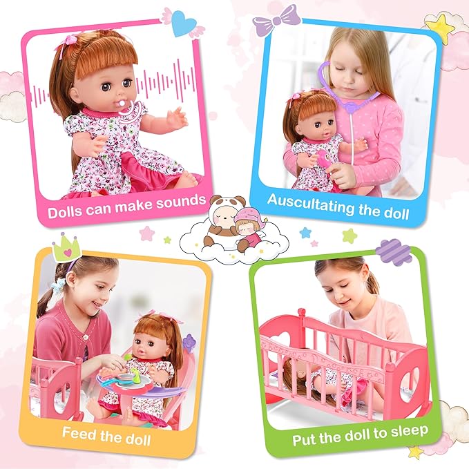 Baby Doll Toys Set, 14" Doll Toys, 25Pcs Dolls Care Toy Playset, Toddlers Toy Doll Set Incl Cradle Crib, High Chair, Milk Bottle, Pacifier, Diaper, Baby Gift for Age 3 4 5 6+ Years Old Girls Boys