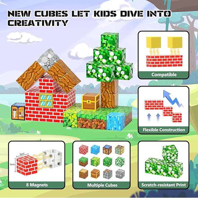 Kid Odyssey 87 PCS Magnetic Building Blocks Set-Build Mine Country Cottage World, STEM Montessori Toy for Kids Ages 3+, Educational Construction Toy for Boys & Girls