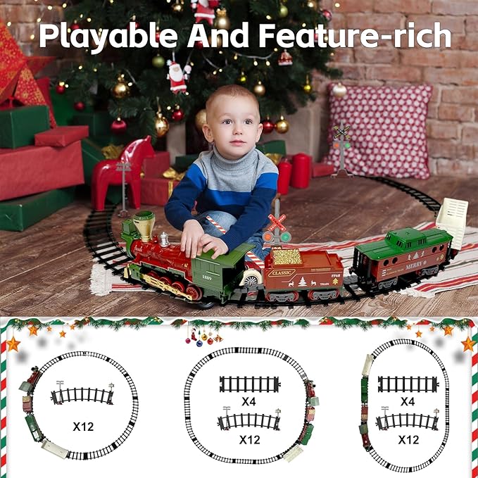 Electric Train Set Steam Toys with Remote Control,Christmas Train for Under The Trees with Smokes,Light & Sounds, for 3 4 5 6 7+ Years Old Kids