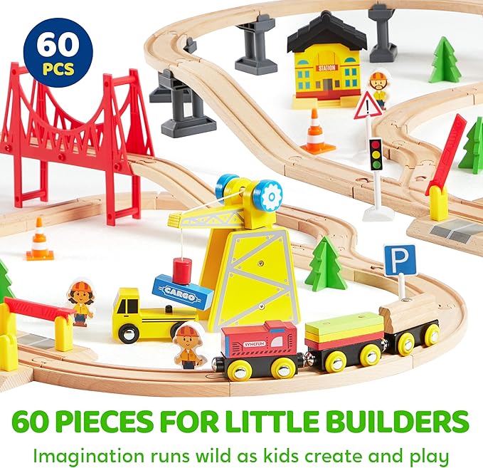 60PCS Wooden Train Set - Construction Express, Engineering Railway with Magnetic Crane, Trains & Accessories, Perfect Christmas Birthday Party Toy Gift for Kids Toddlers Boys Girls Ages 2-8