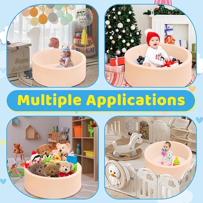 Baby Ball Pit 35.4" Soft Round Memory Foam Ball Pits NOT Included Balls Indoor Outdoor Playpen for Babies Toddlers Kids Great Gift for Girls Boys, Beige