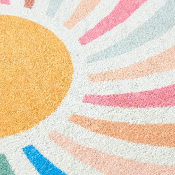 Topotdor Sun Rainbow Round Rug,Colorful Boho Kids Rug Ultra Soft Washable Nursery Rug for Bedroom Perschool Classroom,63" Round