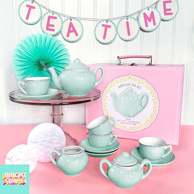 Bright Stripes Porcelain Tea Set for Kids - Premium Quality Pretend Play - 4 Cups, Saucers, Pot, Sugar, Creamer - Ideal for Girls