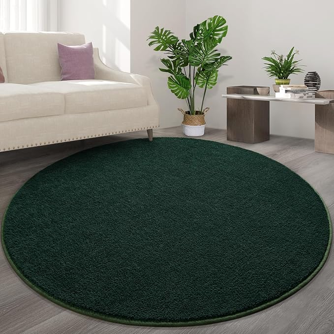 FlyDOIT Round Area Rugs for Bedroom Living Room, 6x6 Dark Green Super Soft Comfy Thickened Memory-Foam Indoor Circle Carpet, Modern Aesthetic Minimalist Carpet for Boys Girls Adults Nursery Home Décor