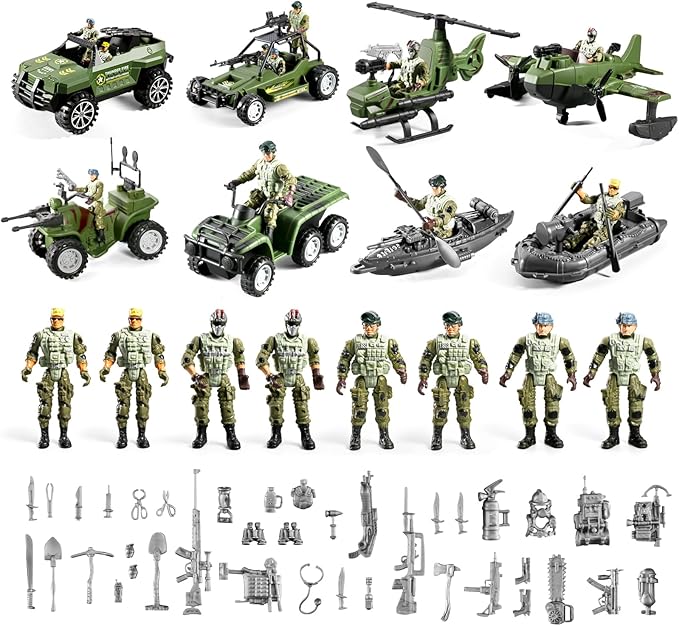 58-in-1 Army Men Toys for Boys 4-7 6-8 8-12, Military Truck/Helicopter/Kayak Boat/Motorcycle/ Army Men Action Figures/Weapon Gears, Army Toys for Boys Kids Birthday Gifts Party Favors