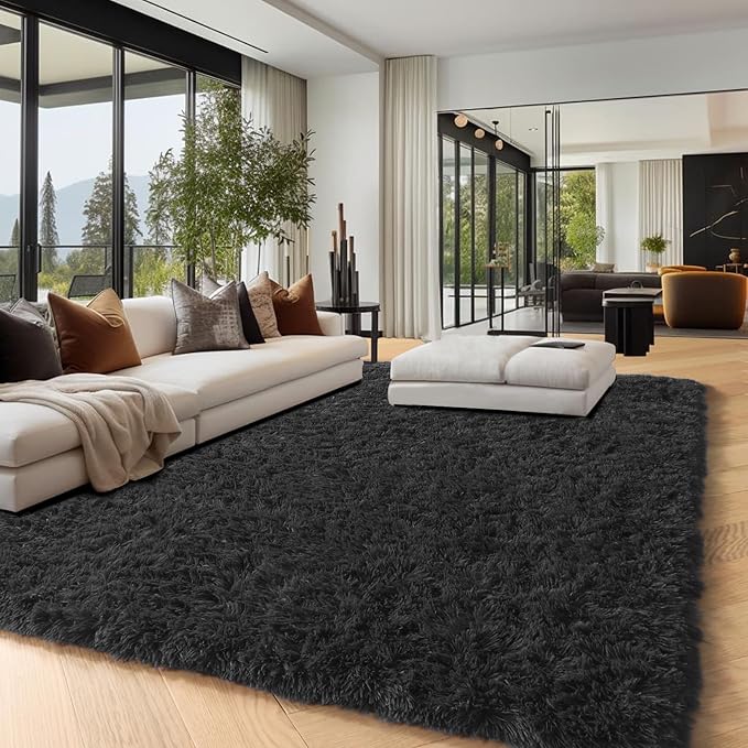 PAGISOFE 4x6 Fluffy Bedroom Rugs Black Modern Living Room Area Rug Fuzzy Shaggy Carpet Indoor Plush Nursery Rugs for Kids Room Furry Floor Rug for Boys Carpet for Teen Dorm Room Decor