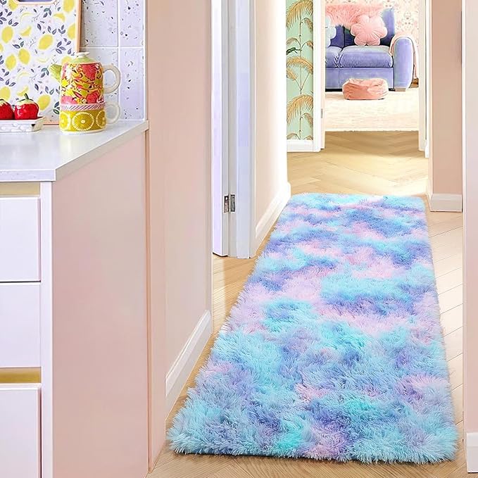 PAGISOFE Furry Rainbow Rugs for Bedroom Girls, 2x4 Soft Purple Shag Tent Rugs for Livingroom, Bedside, Kids Room, Nursery, Home Decor, Fluffy Fuzzy Carpet Plush Mermaid Kawaii Throw Rug Pink Rug