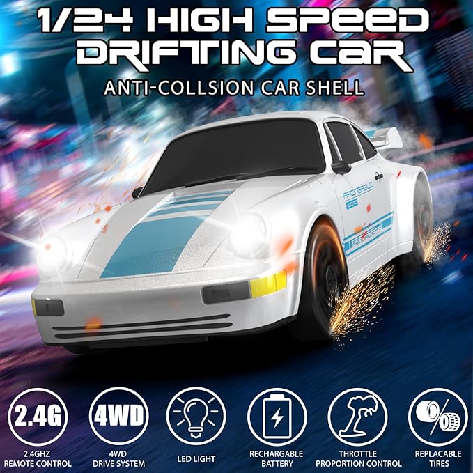 Remote Control Car, 1/24 Scale RC Drift Car, 4WD 15KM/H High Speed RC Cars, Racing Sport Toy Car with LED Lights, Racing Tire, Birthday for Kids Boys Girls, Rechargeable Battery