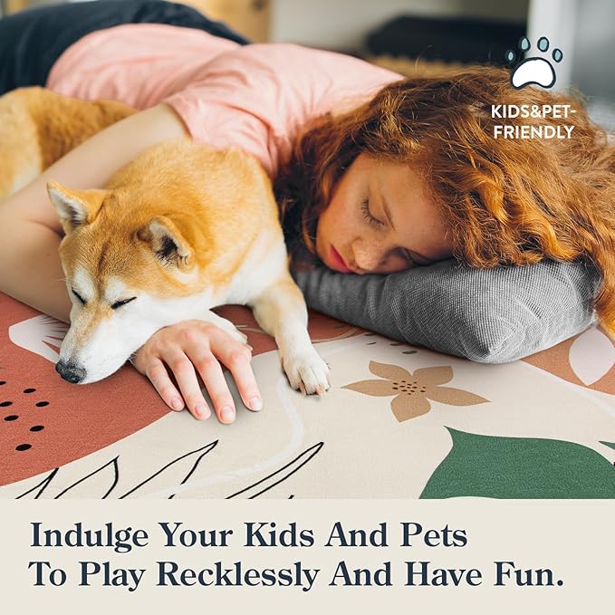 Lahome 8x10 Rugs for Living Room, Bedroom Rug 8x10 Under Bed Soft Kids Nursery Carpet, Boho Botanical Print Non-Slip Low Pile Carpet for Dining Room Office Playroom, Coral