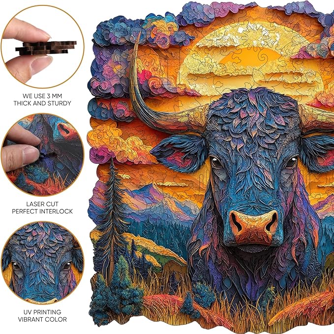 Wooden Puzzle for Adults - 3D Longhorn Wooden Jigsaw Puzzles 500 Piece, Unique Shaped Animal Challenging Puzzles, Exquisite Packaging, Best Gift Toys for Family Friends 16.5x16.5 in