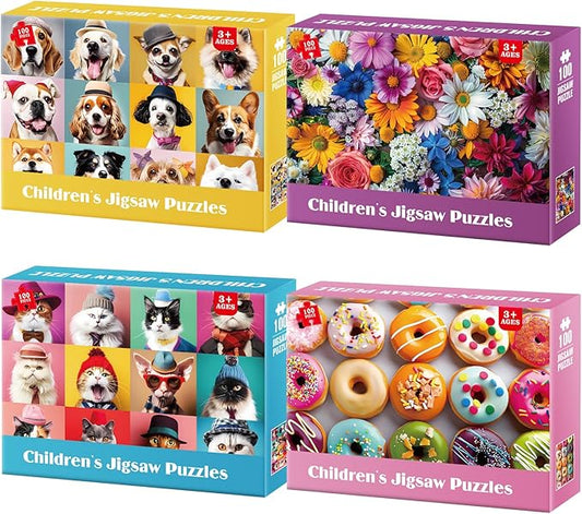 100 Piece Puzzles for Kids Ages 4-8 - Dogs Flowers Donuts Cats Puzzles - Large Puzzles for Senior Jigsaw Puzzle for Kids Ages 4-6 6-8 8-10 Year Old Educational Puzzles Toys 4-Pack 15"x11"
