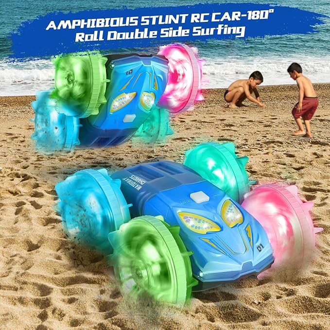 Amphibious Remote Control Car Boat - 4WD RC Stunt Car with Waterproof Gesture Sensing 2.4GHz RC Boat with Lights RC Monster Truck 360° Flips Rotation RC Vehicle Pool Toys Gifts for Boys Girls
