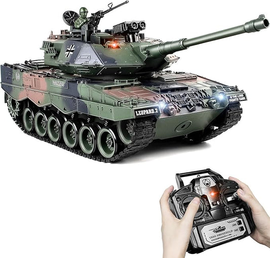 1:18 RC Tank, 2.4Ghz German Leopard II Remote Control Model Toys, Battle Army Tank 15 Channel with Smoke Light and Sound, Military Toy for Adults and Kids That Shoots BBS and Water Bombs