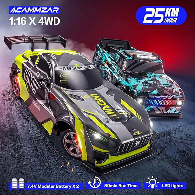 ACAMMZAR 1:16 RC Drift Car, 25KM/H 4WD High Speed Remote Control Cars for Kids, with LED Lights, Two Batteries, Extra Tires, Drift RC Cars for Adults, Green