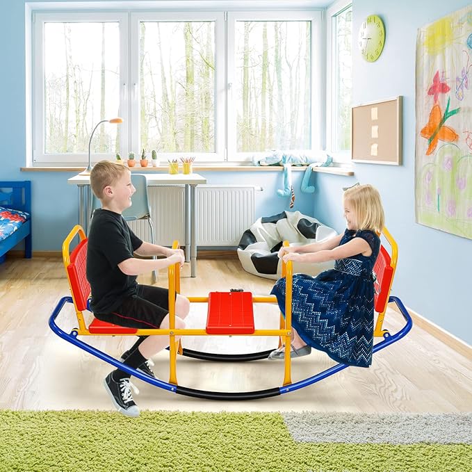 Costzon Teeter Totter Seesaw for Kids Outdoor, 2 in 1 Metal Rocking Seesaw for Toddlers with Easy-Grip Handles, Indoor Outdoor Rocker Toy Gifts for Ages 3-8, 1-3 Person Home Preschool Backyard See Saw