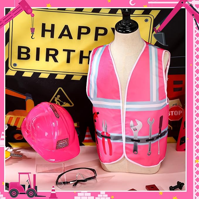 Handepo Construction Worker Costume Kids Hard Hat Construction Vest Goggles Toddler Dress Up Set Birthday Party Girls Boys(Pink, Black)